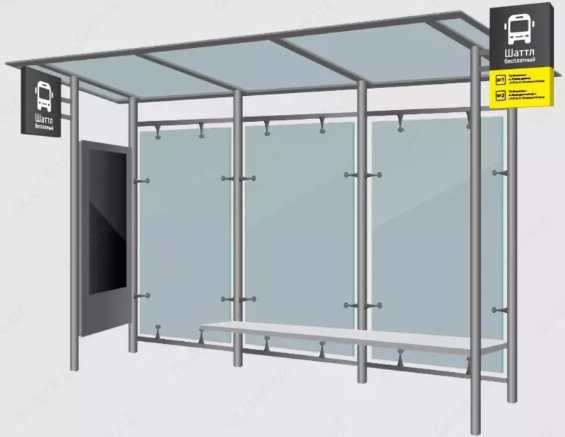  Павильоны остановочные L= 3000; 3100; 3500... мм  Ширина: 1500; 1600; 1630 мм  H= 2400; 2500; 2540... мм  Материал: металл... - 