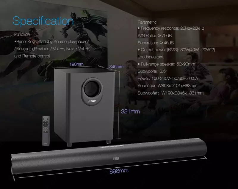 Мультимедийная акустика Fenda HT-330 (USB) мощная саундбар-система с сабвуфером для телевизора и домашнего кинотеатра