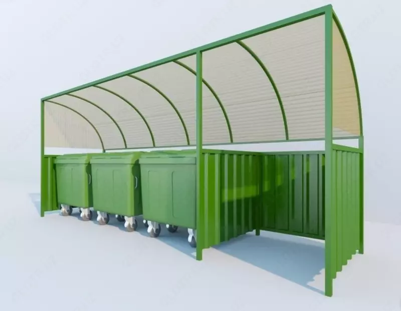 Chiqindixona platformasi  L= 1725-13000 mm  B= 1140-1950 mm  H= 1605-2100 mm  Turi: Tomsiz; bunker; Vertikal...  Idishlar soni: 1; 2; 3...