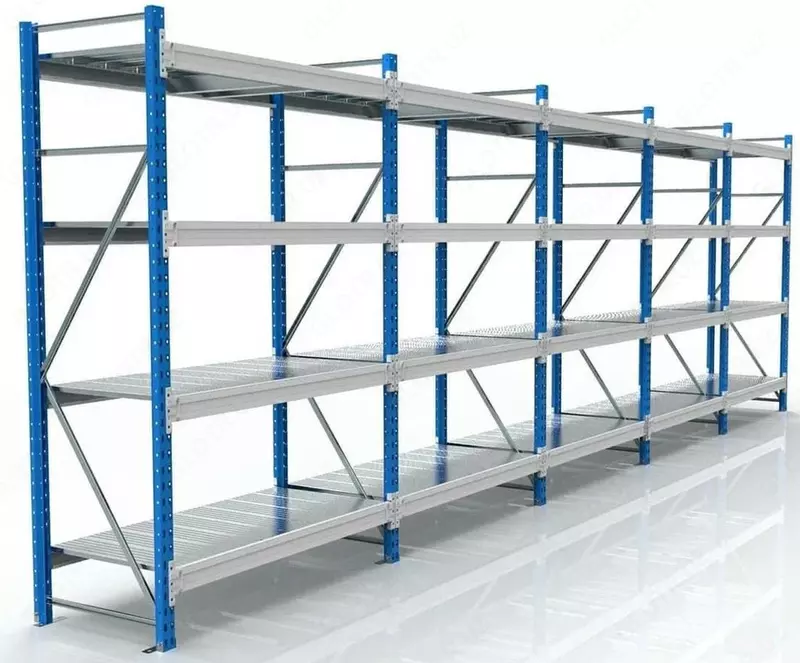 Стеллаж металлический 5 полок  h= 1000-13500 мм  Ширина: 300-1250 мм  L= 700-7400 мм  Вид: мезонинные; полочные; архивные...  Покрытие: полимерно-порошковое...