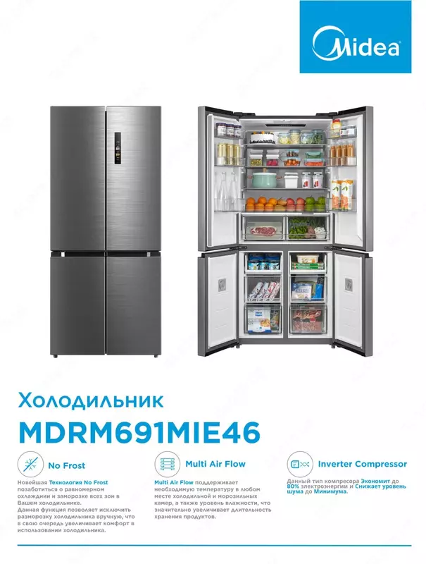 Инверторный Холодильник Midea МодельMDRM691MIE46 Стальной 530 литров Inverter