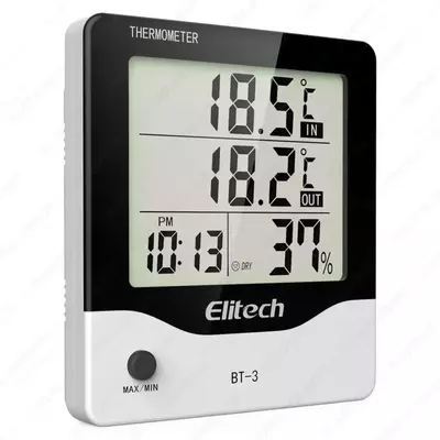 Elitech BT-3 LCD displey ichki/tashqi raqamli gigrometrli termometr uchun soat va min/maks qiymatli