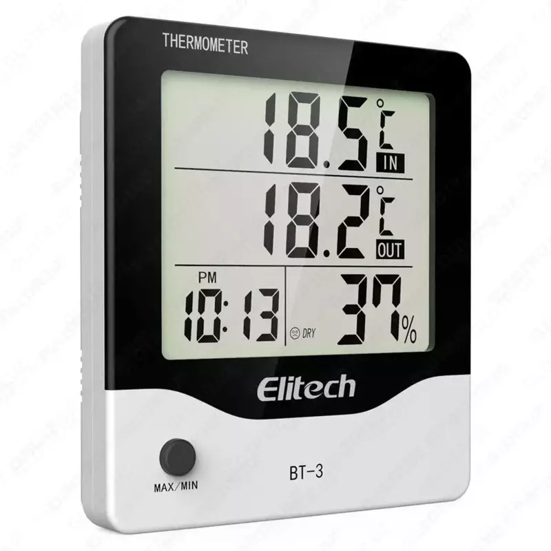 Elitech BT-3 LCD displey ichki/tashqi raqamli gigrometrli termometr uchun soat va min/maks qiymatli