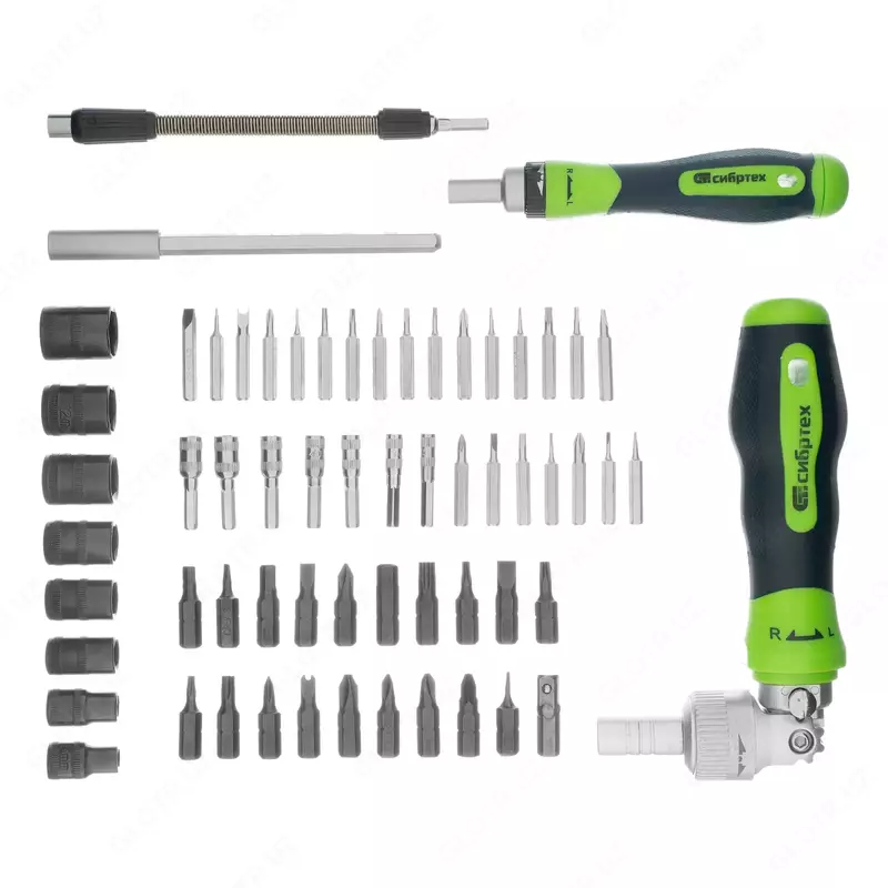  Отвертки реверсивные с набором бит  торцевых головок  61 предмет  CrV Сибртех