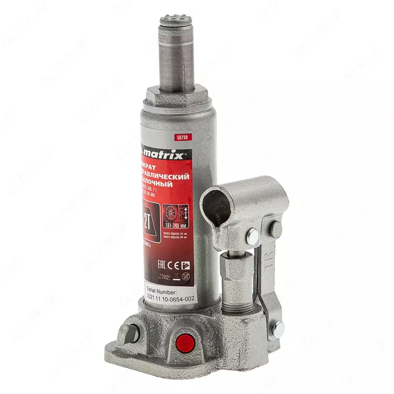 Домкрат гидравлический бутылочный  2 т  высота подъема 181-345 мм  в пластиковый кейсе Matrix