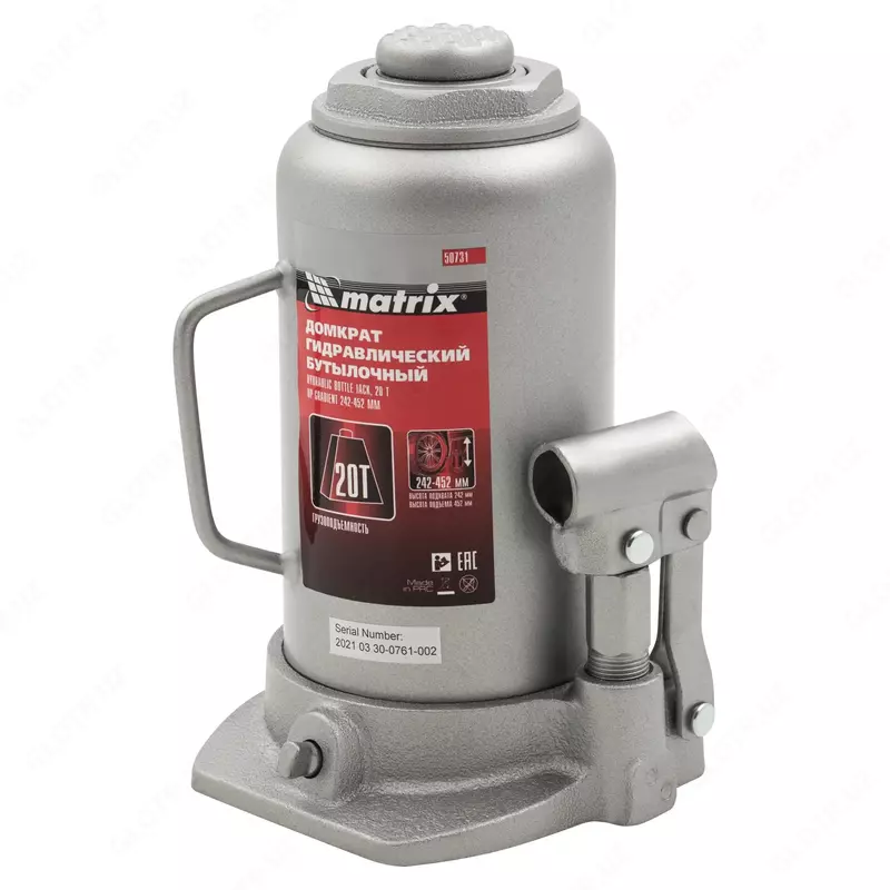 Hydravlik shishasimon domkrat Matrix  20 t  ko‘tarish balandligi 242-452 mm
