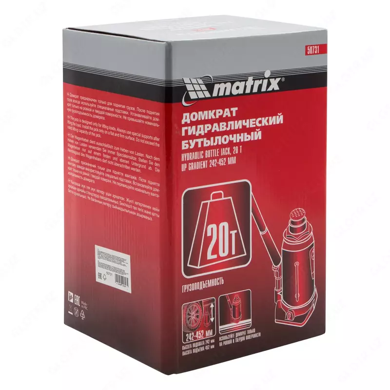   Hydravlik shishasimon domkrat Matrix  20 t  ko‘tarish balandligi 242-452 mm