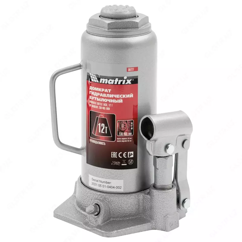 Домкрат гидравлический бутылочный  12 т  высота подъема 230-465 мм Matrix