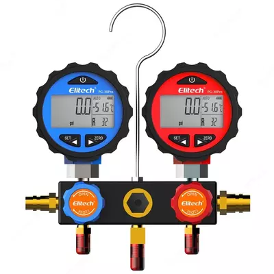 Elitech DMG-3 — манометрический коллектор электронный двухвентильный для заправки фреона в комплекте с адаптерами