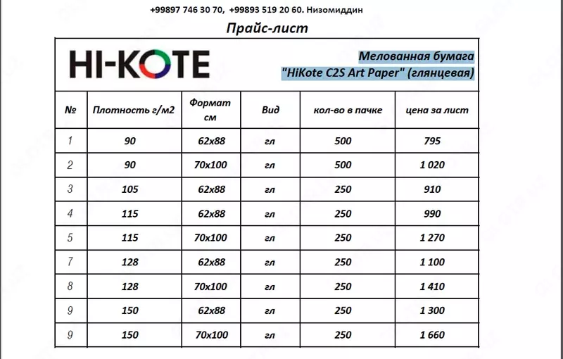 Мелованная бумага "HiKote C2S Art Paper" (глянцевая) - 795 сум