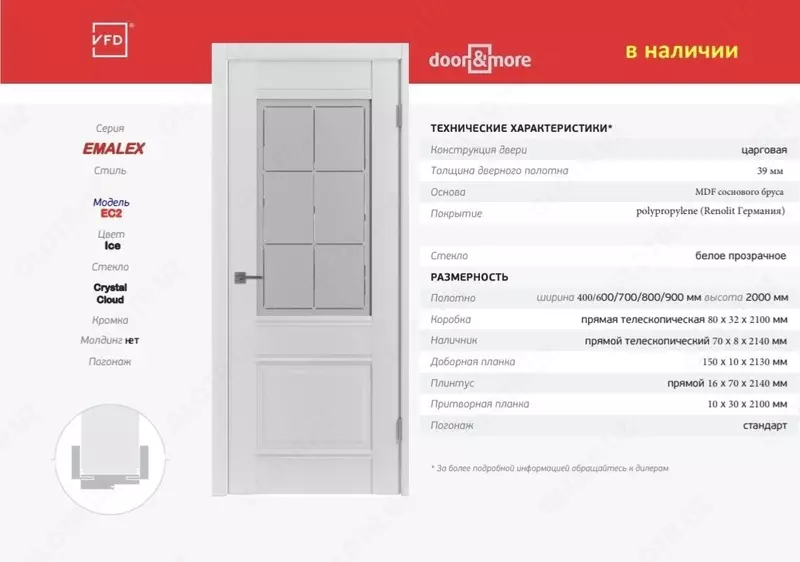 Межкомнатная дверь EMALEX EC2 Ice с прозрачным стеклом Crystal Cloud