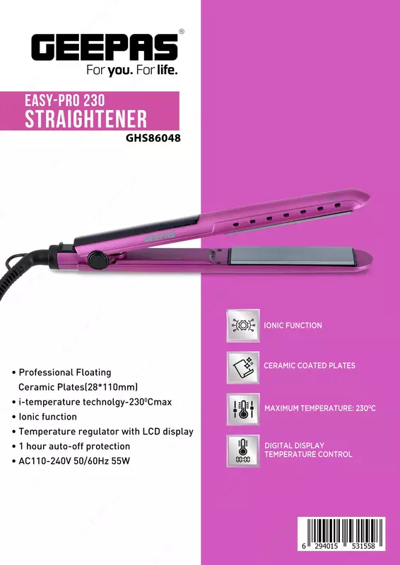 Плойка выпрямитель для волос GEEPAS GHS86048