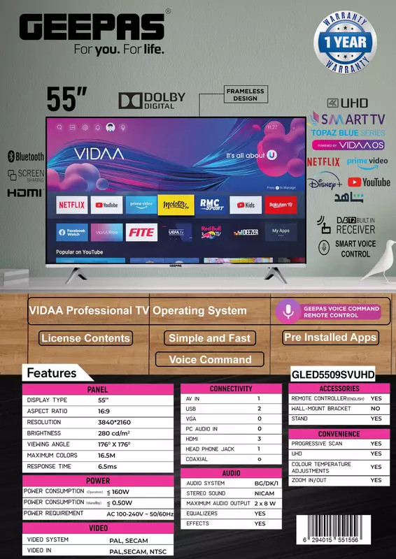 Телевизор GEEPAS GLED5509SVUHD