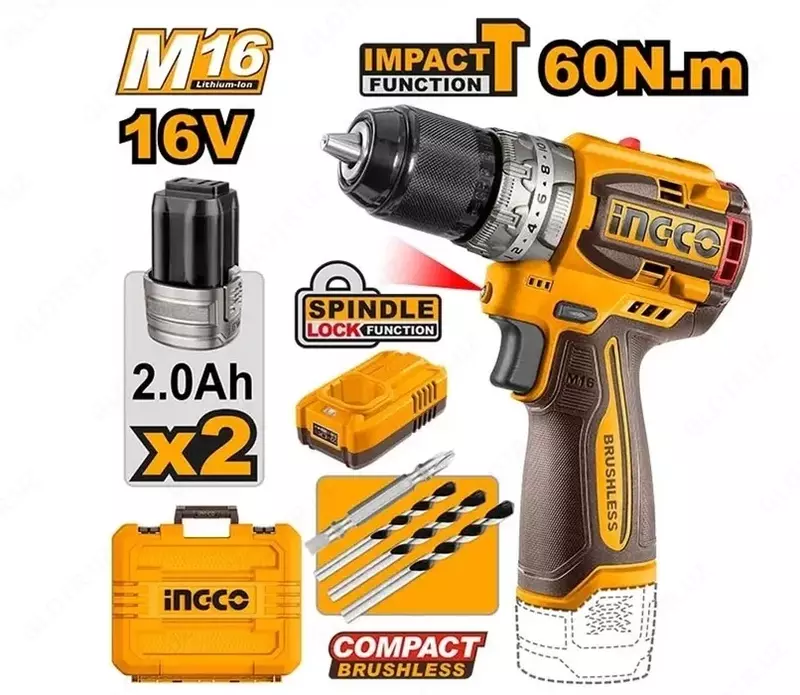 Аккумуляторный ударный бесщеточный шуруповерт INGCO CIDLI16682 INDUSTRIAL 16 В 60 Нм 22+1+1