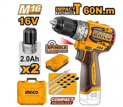 Аккумуляторный ударный бесщеточный шуруповерт INGCO CIDLI16682 INDUSTRIAL 16 В 60 Нм 22+1+1