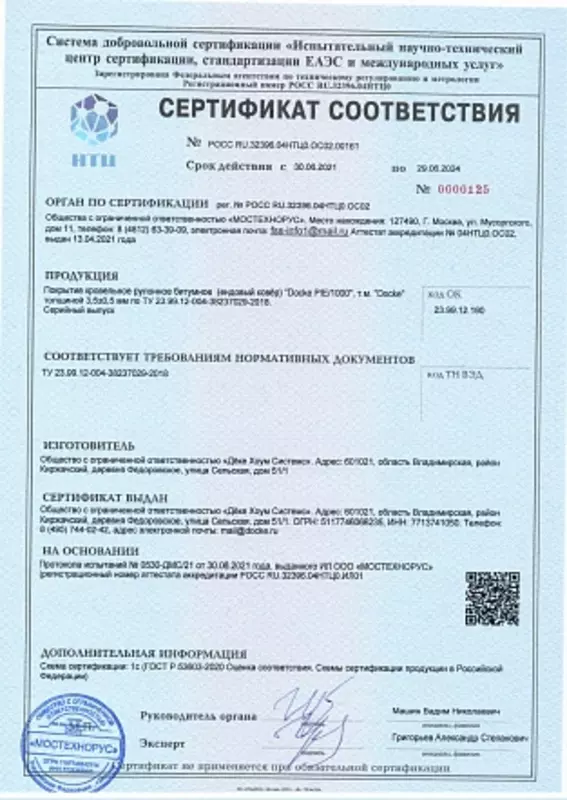 Сертификат соответствия ендовых ковров требованиям ТУ