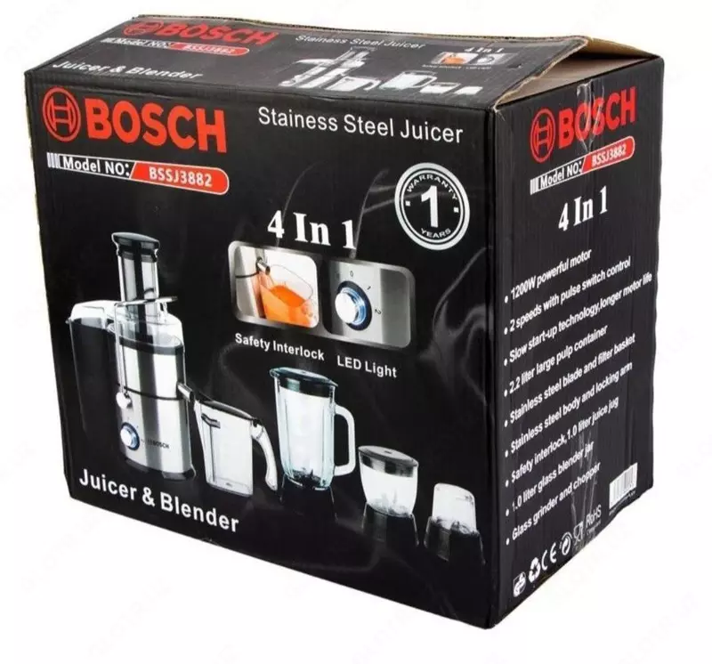 Oziq-ovqat protsessori 4 ta 1 ta "BOSCH" BSSJ3882, 1200 Vt (po'lat/qora)