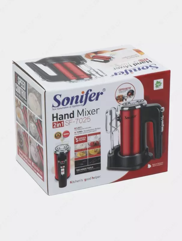 Qo'l mikseri "Sonifer" SF-7025, 2 ta qo'shimcha, 400 Vt, 5 tezlik + turbo rejimi (Qizil / qora)