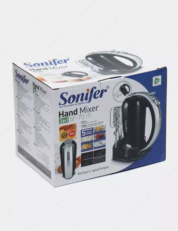 Ручной миксер "Sonifer" SF-7015, 3 насадки, 300W, 5 скоростей+турбо режим (Черный/серебристый)