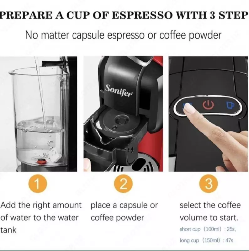 Kofe mashinasi 3-si 1-da (kapsula) "SONIFER" SF-3547, 1450W (Qora/qizil)