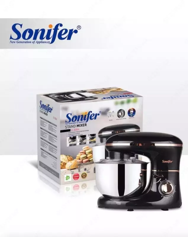 Планетарный миксер "Sonifer" SF-8064, 3 насадки, 1400W, 5.5 л (Серебристый/черный)