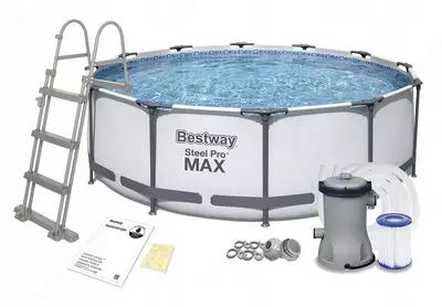 Сборный бассейн (круглый) с аксессуарами "Bestway" Steel Pro МАX 56418, каркасный, d 366 х 100 см (Серый/белый)