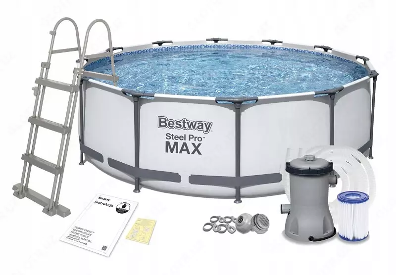 Сборный бассейн (круглый) с аксессуарами "Bestway" Steel Pro МАX 56418, каркасный, d 366 х 100 см (Серый/белый)