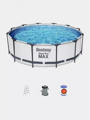Сборный бассейн (круглый) с аксессуарами "Bestway" Steel Pro МАX 56418, каркасный, d 366 х 100 см (Серый/белый)