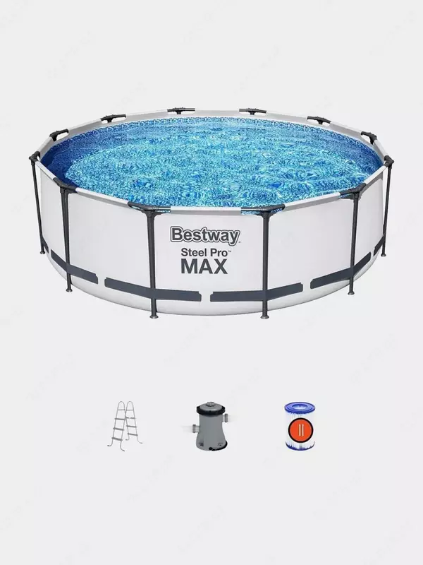 Сборный бассейн (круглый) с аксессуарами "Bestway" Steel Pro МАX 56418, каркасный, d 366 х 100 см (Серый/белый)