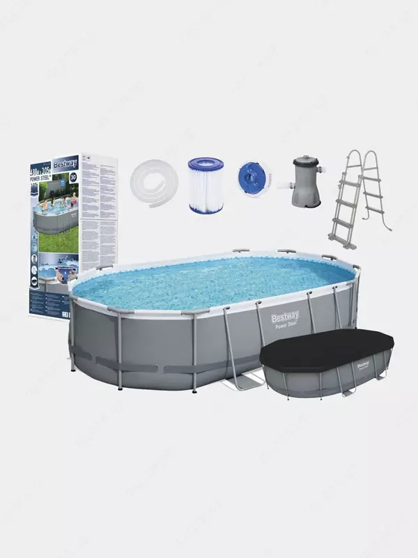 Prefabrik hovuz (oval) aksessuarlari bilan "Bestway" Power Steel 56448, ramka, 488 x 305 x 107 sm (kulrang)