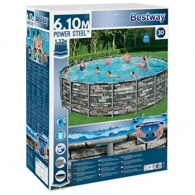 Сборный бассейн (круглый) с аксессуарами "Bestway" Power Steel 56883, каркасный, d 610 х 132 см (Серая плитка)