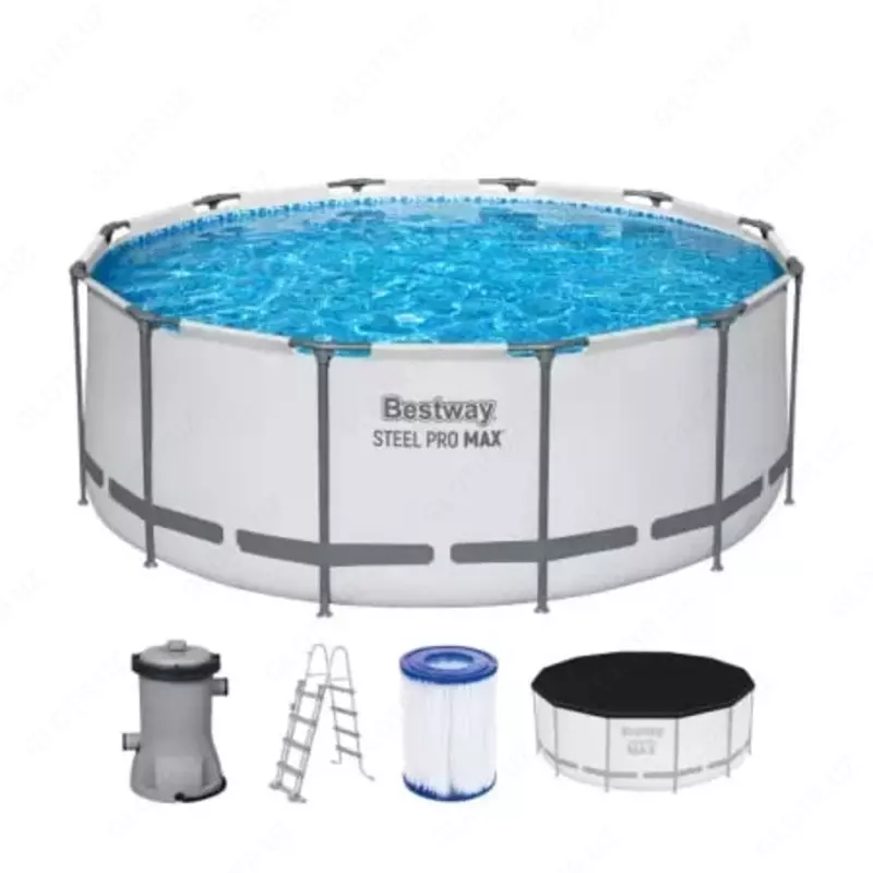 Сборный бассейн (круглый) с аксессуарами "Bestway" Steel Pro МАX 56420, каркасный, d 366 х 122 см (Серый/белый)