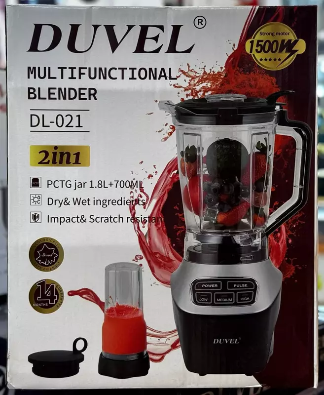 Maishiy yuqori tezlikda ishlaydigan blender 2 in 1 (statsionar) "DUVEL" DL-021, 1500W, 1,8 l/700 ml, 3 tezlikli (Germaniya)