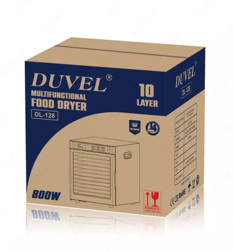 Ko'p funksiyali meva quritgich "DUVEL" DL-128, 800 Vt, 10 ta javon, taymer (Germaniya) Kulrang/metall