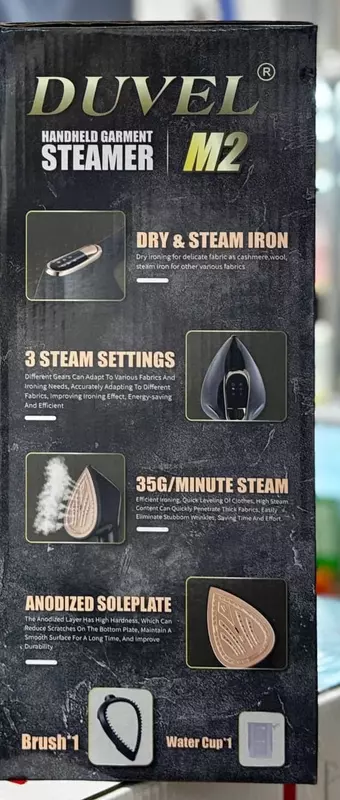 Uy-ro'zg'or kiyimlari bug'lash mashinasi (qo'lda) "DUVEL" M2, 2000W, 3 rejim, 330 ml. (Germaniya) Qora