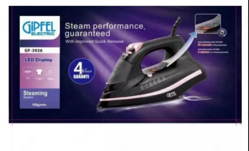 Bug'li dazmol "Gipfel" GF-3926, 2600W, 150 g/min, datchik boshqaruvi (Germaniya) Qora/pushti