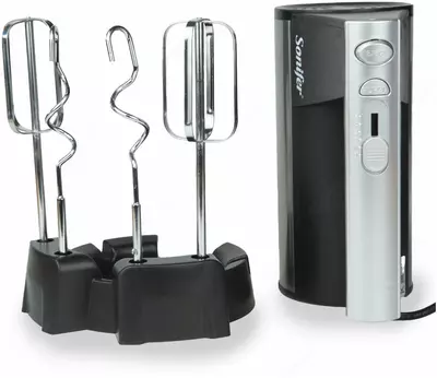 Ручной миксер (подставка) "Sonifer" SF-7002, 300 Вт, 3 режима, Турбо режим, 4 насадки (Китай) Металлик/черный