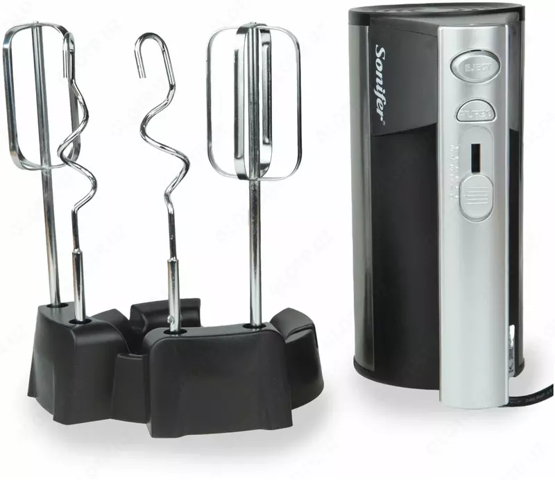 Ручной миксер (подставка) "Sonifer" SF-7002, 300 Вт, 3 режима, Турбо режим, 4 насадки (Китай) Металлик/черный