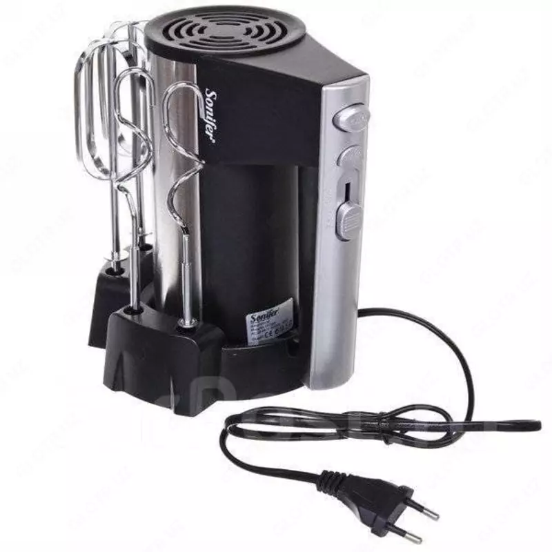 Ручной миксер (подставка) "Sonifer" SF-7002, 300 Вт, 3 режима, Турбо режим, 4 насадки (Китай) Металлик/черный