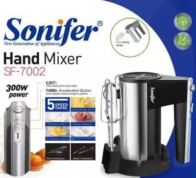 Ручной миксер (подставка) "Sonifer" SF-7002, 300 Вт, 3 режима, Турбо режим, 4 насадки (Китай) Металлик/черный