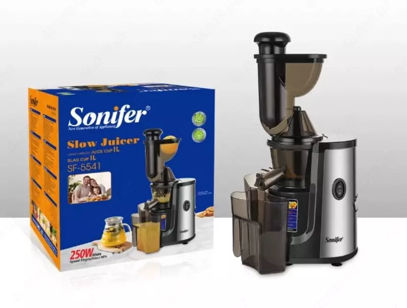 Бытовая соковыжималка (шнековая) "Sonifer" SF-5541, 2500-2700Вт, емкость 1 л. (Китай) Металлик/Черная