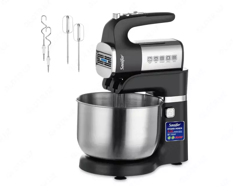 Планетарный миксер "Sonifer" SF-7037, 500Вт, чаша 3.5 л, 4 насадки, 5 режимов (Китай) Металлик/черный