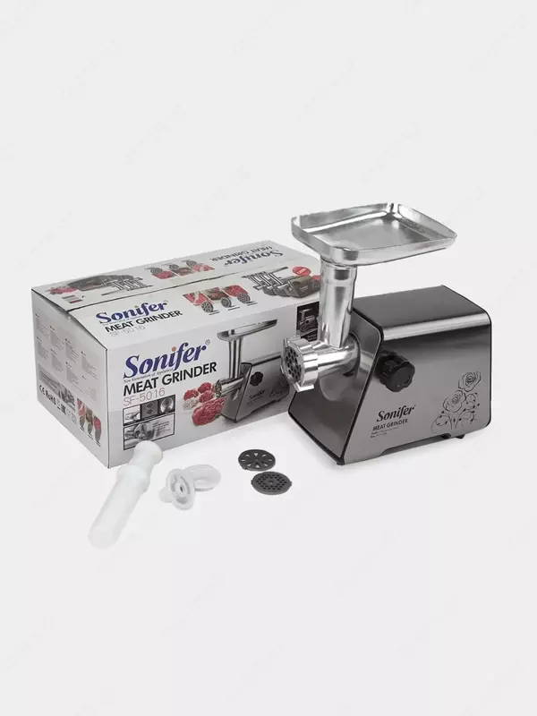 Elektr go'sht maydalagich (zanglamaydigan po'lat) "Sonifer" SF-5016, 1200 Vt, teskari, 3 diskli (Xitoy) Assortiment