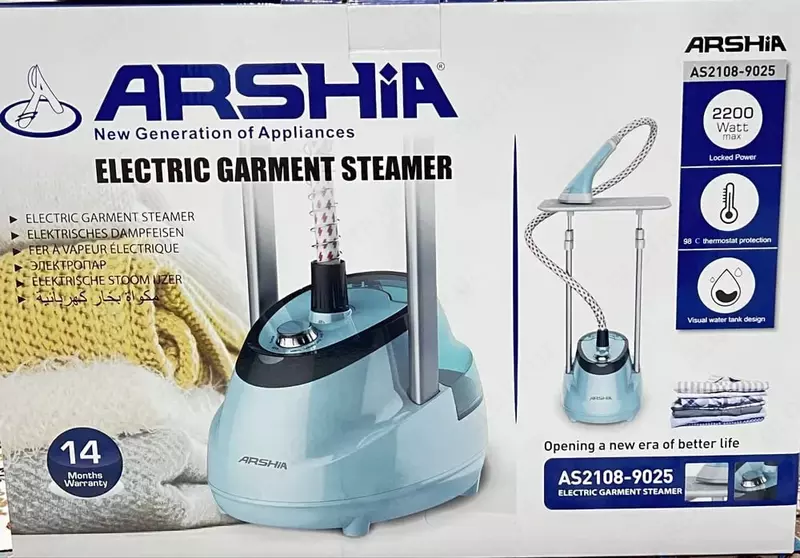 Arshia AS2108-9025 Uy kiyimlarini bug'lash mashinasi (mini taxta), 2200 Vt, 10 rejim, 1,6 L (Xitoy) Qora/Moviy