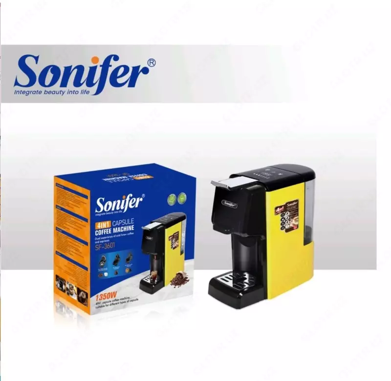 Автоматическая кофемашина (капсульная) 4 в 1 "SONIFER" SF-3601, 1350Вт, 600 мл (Китай) Желтая/черная