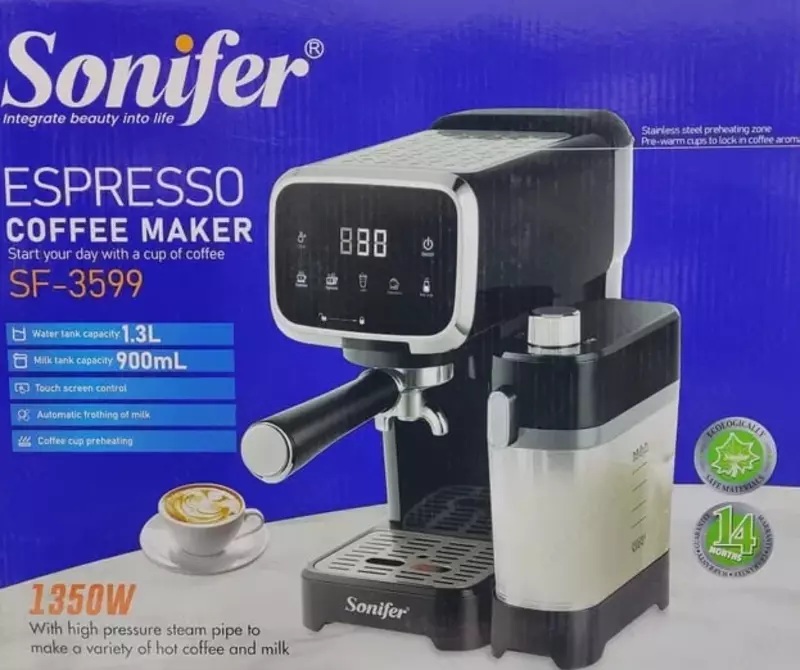 Avtomatik espresso qahva mashinasi "SONIFER" SF-3599, 1350W, 1300/900 ml (Xitoy) Metallik/Qora