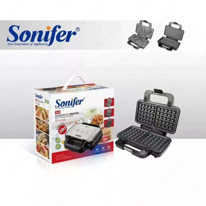 Сендвичница 3 в 1 "Sonifer" SF-6166, 1000Вт, 3 панели (Китай) Черная/серебристая