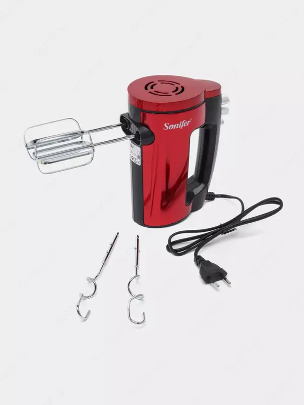 Ручной миксер (подставка) "Sonifer" SF-7038A, 500 Вт, 5 режимов, Турбо режим, 4 насадки (Китай) Красный/черный