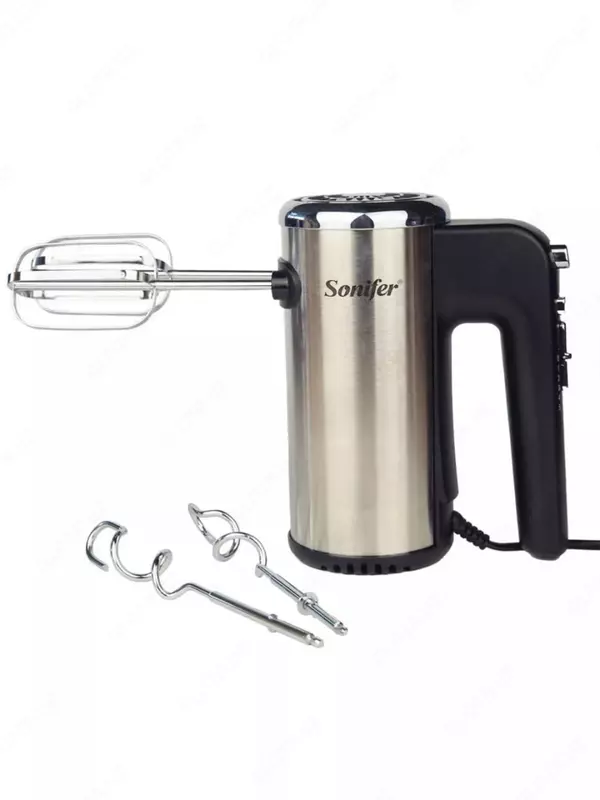 Ручной миксер (подставка) "Sonifer" SF-7021, 300 Вт, 5 режимов, Турбо режим, 4 насадки (Китай) Металлик/черный