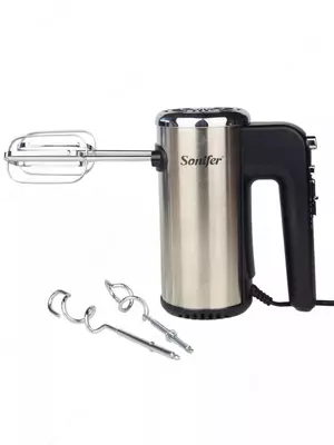 Ручной миксер (подставка) "Sonifer" SF-7021, 300 Вт, 5 режимов, Турбо режим, 4 насадки (Китай) Металлик/черный